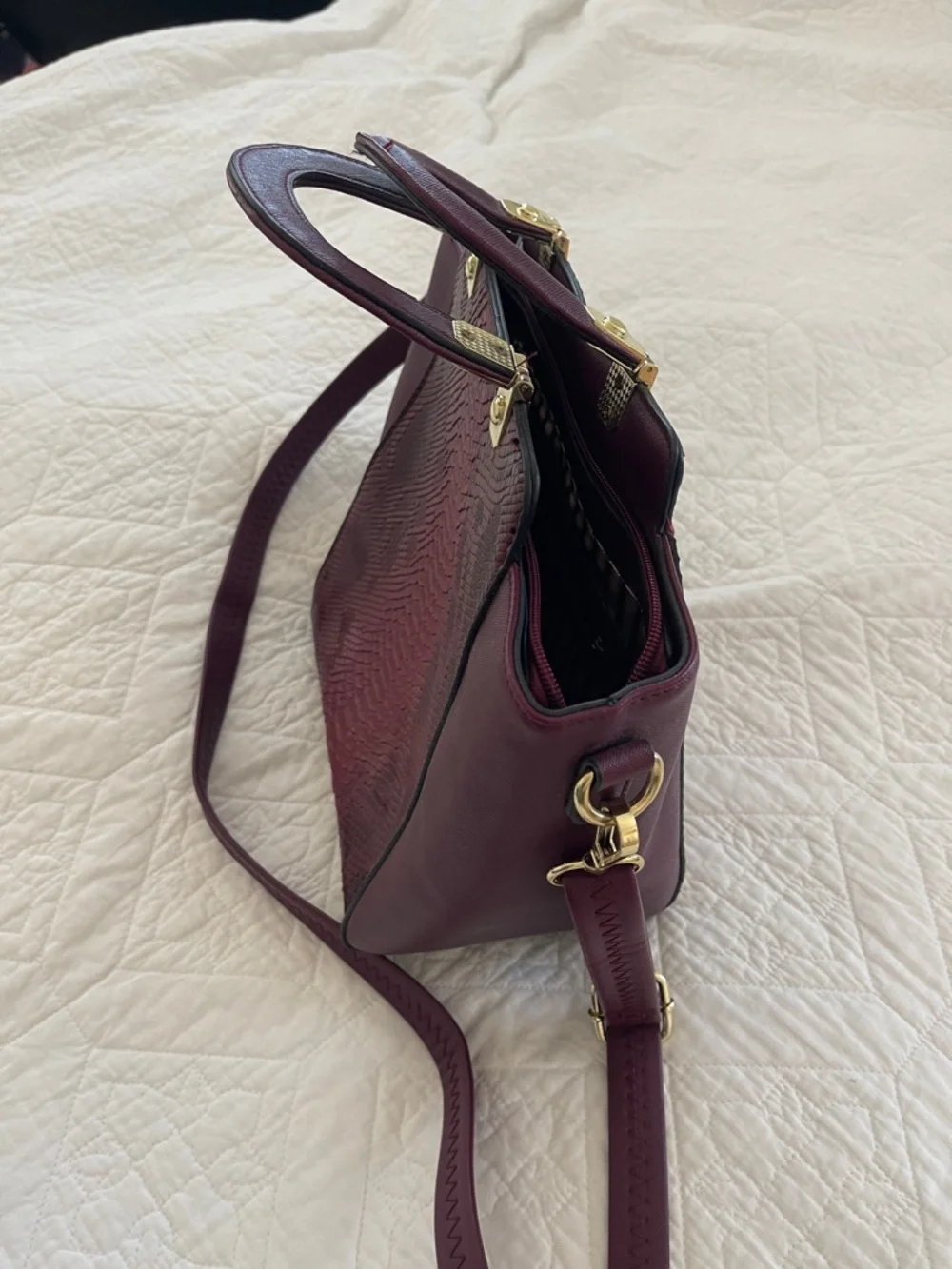 Women's Burgundy Structured Tote with Gold Hardware